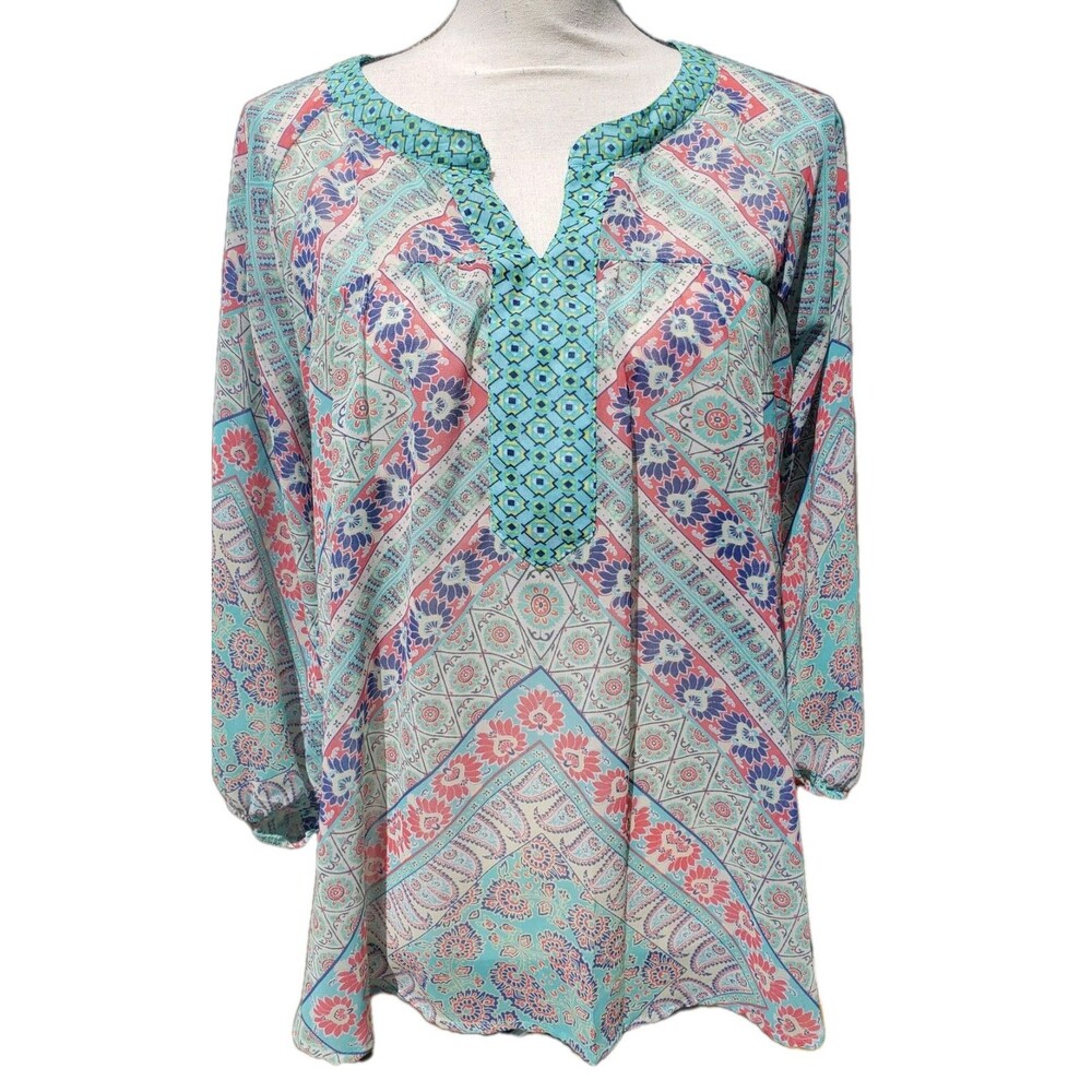 Fig & Flower Bohemian Top Womens Size M Floral 3/4 Slve Smash Blossom Mint Green